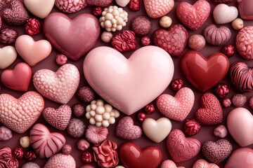 Obraz premium Red and pink hearts spread out on a table.
