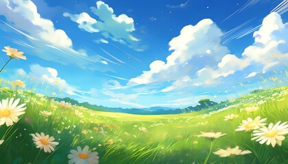 Obraz premium Serene landscape with flowers and blue sky.