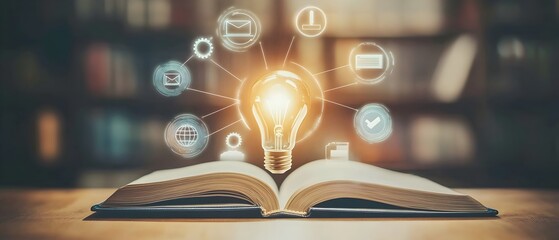 an open book resting on a wooden table, a small glowing light bulb with a graduate hat positioned in the center. surrounding educational icons. education, knowledge and innovation