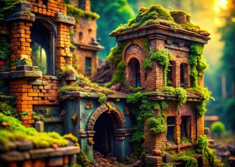 Fototapeta premium Cartoon Ruin Building Macro Photography: Detailed Close-up of Crumbling Brickwork & Decaying Architecture