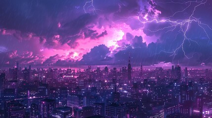 Lightning storm above the city with purple light There is fear.