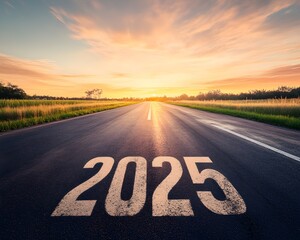 a wide-angle view of an asphalt road with the numbers "2025" painted boldly in the center, stretching toward a glowing horizon at sunset, symbolizing forward movement and aspirations.