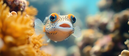 Close-up of a colorful pufferfish swimming near coral in a vibrant underwater scene.