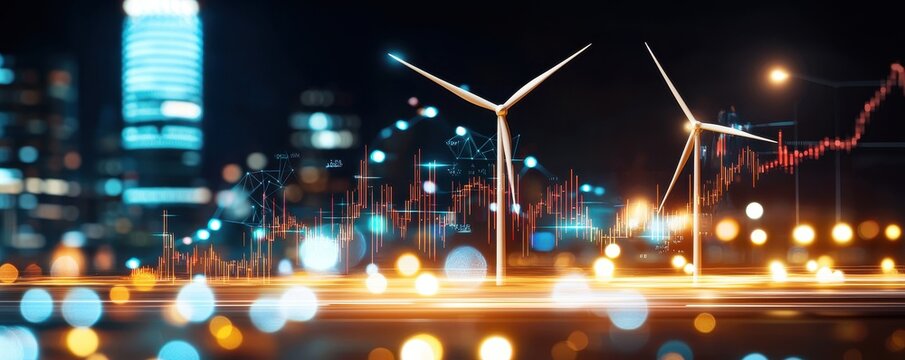 Wind Turbines Lighting Up Urban Skyline with Stock Market Data Visuals