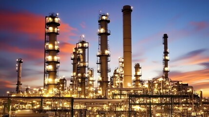 Obraz premium A large industrial plant with many tall towers and a beautiful sunset in the background. The atmosphere is serene and peaceful