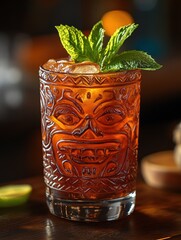 A drink with a green leaf on top