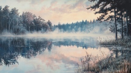 Fototapeta premium Misty Morning Lake Reflection in the Forest