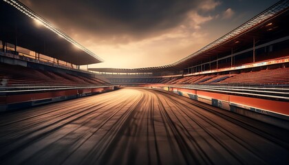 Obraz premium Racing circuit at sunset with empty stands.