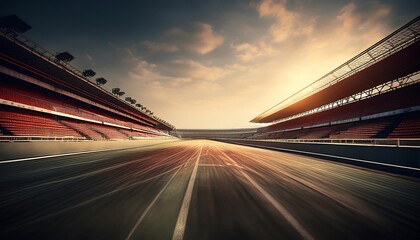 Racing track at sunset, emphasizing speed and motion.