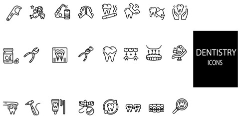 Dentist simple concept 24 icons set. Contains such tooth, dentist, toothpaste, toothbrush, teeth, implant,mouthwash, dental floss, diagnosis, x ray, mirror, implant, scalpel .Vector illustration.