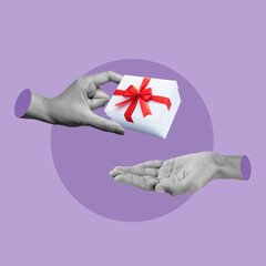Human hand give gift boxes to other with colored background