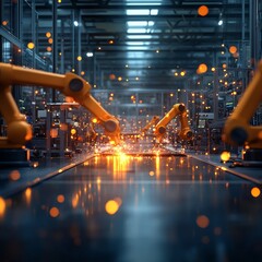 Automated robotics in action manufacturing facility industrial technology high-tech environment dynamic viewpoint efficiency concept