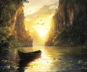 Fototapeta premium Serene Sunset on a Calm River: A Lone Boat Navigates Golden Cliffs and Tranquil Waters