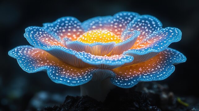Tropical mushroom with neon colors reminiscent of Pandora, resembling a flower from the movie Avatar. This extraordinary neon mushroom is peculiar and eccentric, glowing brilliantly against a black ba