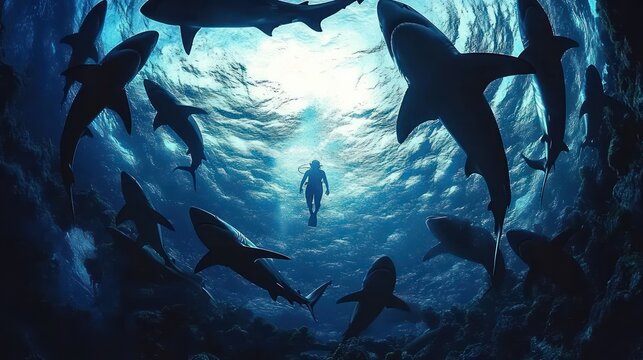 Diver Surrounded by Sharks in Tranquil Underwater Scene with Ethereal Lighting
