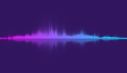 Vector halftone sound wave with vibrant pink and blue gradient on a dark purple background. Futuristic minimal design for digital media projects.