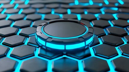 Obraz premium Futuristic Technology: A circular, metallic object with a glowing blue light rests on a hexagonal, futuristic surface.