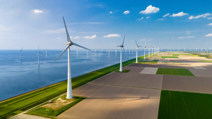 Windmill turbines generating electric green energy with a blue sky green energy concept in the Netherlands, green energy transition, row of windmill turbines with green fields