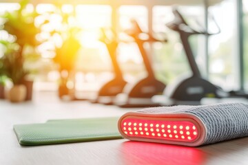 Modern Fitness Equipment with Red Light Therapy Device in Bright Gym Setting
