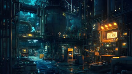 A large industrial plant with many tall buildings lit up at night. Scene is industrial and somewhat ominous