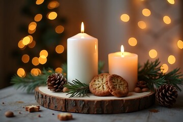 White Christmas candle on rustic wooden boards - Decoration with natural elements, twigs, pine cones and cookies - First Advent Sunday , Advent banner, panorama with magic bokeh lihgts