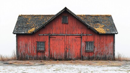 Naklejka premium Rustic Red Wooden Barn with Sliding Door on Plain White Background