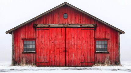 Fototapeta premium Charming Red Wooden Barn with Large Sliding Door on Plain White Background