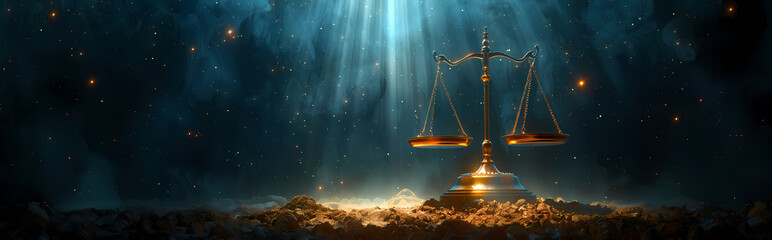 Scales of Justice in a Mystical Realm:  A golden scale of justice stands tall, illuminated by a divine light, amidst a mystical realm, symbolizing the pursuit of truth and fairness.