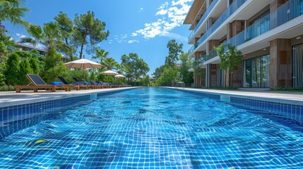 Long, luxurious resort pool with clear blue water, sun loungers, and modern building in background.