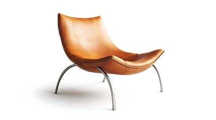 A modern, sleek chair with curved metal legs and a leather seat, isolated on a white background.