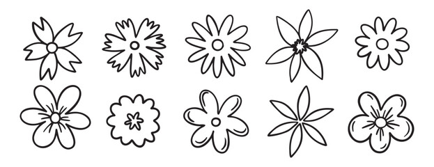 flowers decoration doodle hand drawn icon set. Outline drawing chamomile flower buds line clipart symbol collection. 