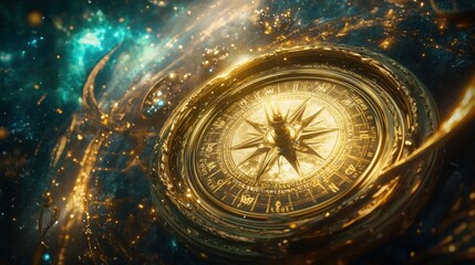  celestial compass surrounded by cosmic elements 
