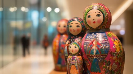 Fototapeta premium Colorful russian nesting dolls on display in modern museum setting