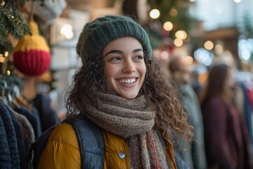 Friends trying on holiday outfits in a clothing store, laughing and enjoying the moment. The store is adorned