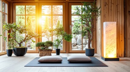 Fototapeta premium Tranquil Zen Interior with Natural Light and Lush Green Houseplants