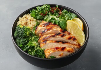 Grilled Chicken Bowl with Fresh Greens, Quinoa, and Lemon Slices on a Gray Background for Healthy Eating and Nutrition Concepts