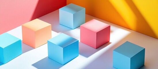 Obraz premium Colorful cubes arranged on a white surface with shadows.