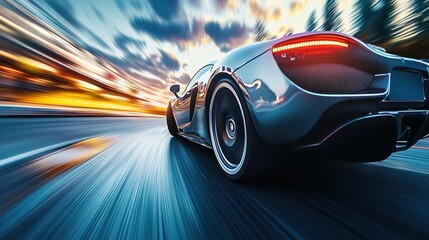 Speed and Power: A sleek, silver sports car streaks across a dynamic, motion-blurred asphalt highway, capturing the adrenaline-fueled thrill of speed and the exhilaration of open road travel.