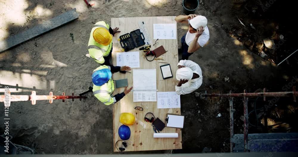 Poster collaboration, meeting and planning with construction worker team on building site from above. archi