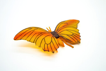 A vibrant, isolated butterfly with orange and yellow wings, detailed with black lines, set against a white background