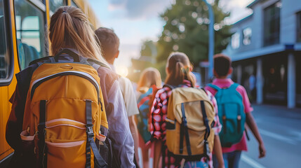 Students Walking to School Bus: A group of diverse elementary school children walk towards a yellow school bus at the end of the school day, their backpacks full of books and dreams.