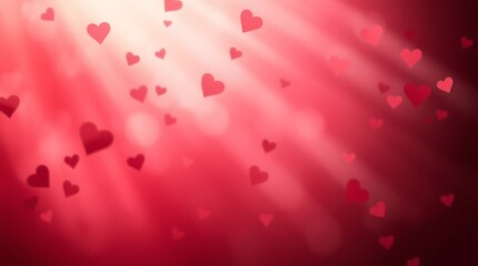Obraz premium Radiant Hearts: A romantic Valentine's Day background of red hearts falling in a warm, radiant light. Perfect for love-themed designs and celebrations.