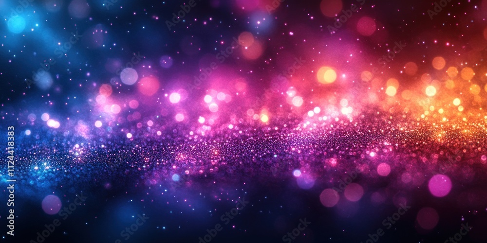 Poster abstract vibrant bokeh lights background with glittering sparkle and sequins in purple and teal for 