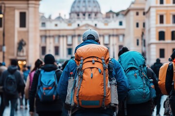 Backpackers heading towards St. Peter's Basilica in Rome.