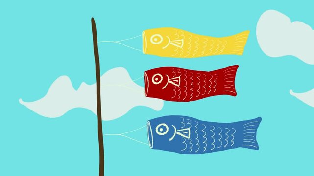 fish flags blowing in the wind with sky and cloud background