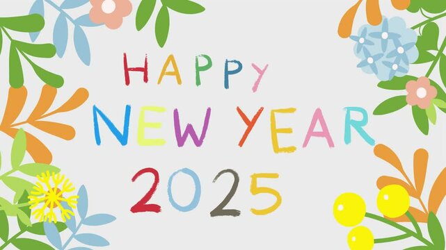 happy new year 2025 text hand write animated colors