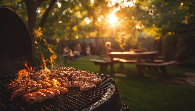 Memorial Day Barbecue Celebration with Guests and Children Playing in a Patriotic Backyard
