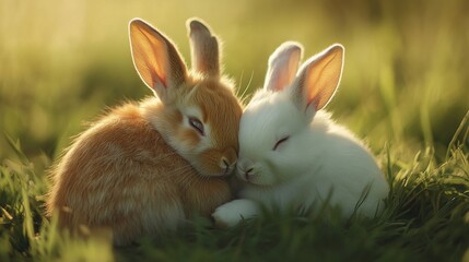 Fototapeta premium Two adorable bunnies cuddling in a sunny meadow.
