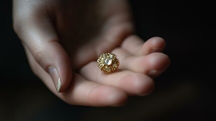 Hand holding a piece of jewelry on a black