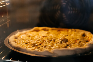 baking making pizza with cheese in an electric oven